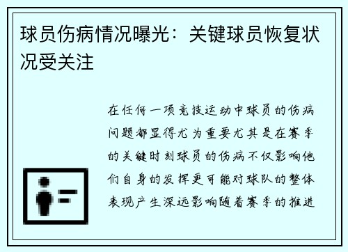 球员伤病情况曝光：关键球员恢复状况受关注