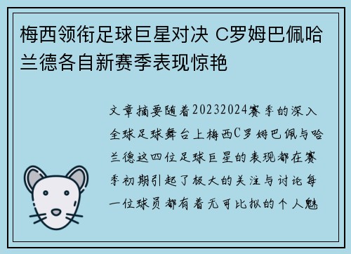 梅西领衔足球巨星对决 C罗姆巴佩哈兰德各自新赛季表现惊艳