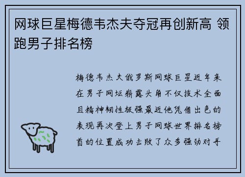 网球巨星梅德韦杰夫夺冠再创新高 领跑男子排名榜